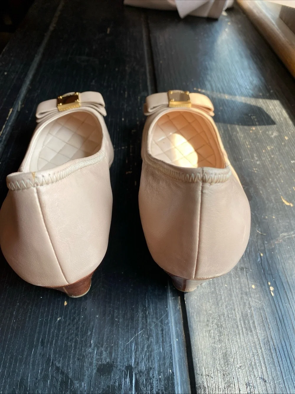 Cole Haan Nude Bow Ballet Flats with Gold Plaque